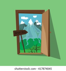 Vector illustration of mountains inside door. Beautiful motivating picture. Travel, hiking and camping. Travel landscape. 