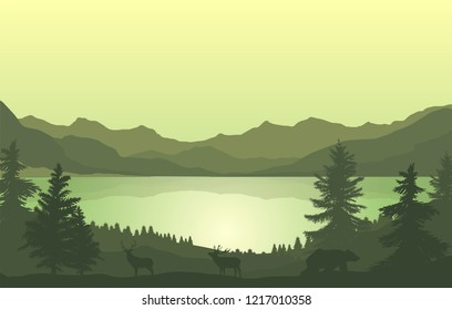 vector illustration of mountains, lake and forest and wild animals, nature landscape