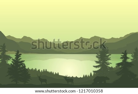 vector illustration of mountains, lake and forest and wild animals, nature landscape