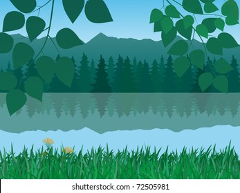 vector illustration of mountains and lake landscape