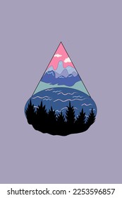 Vector illustration of mountains and lake and trees. Modern bright colors nature illustration.