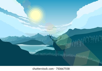 Vector illustration of Mountains landscape with deer on the hills and lake