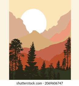 Ilustración vectorial del paisaje montañoso. Bosques y montañas al atardecer