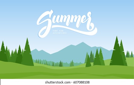 Vector illustration. Mountains landscape with hand lettering of Summer and pines on foreground.