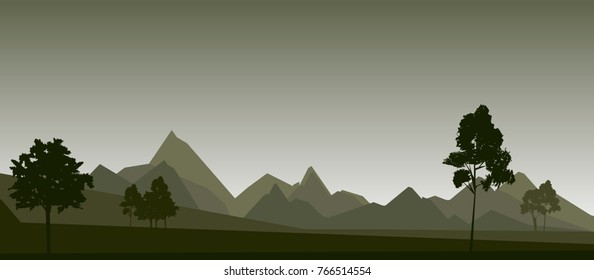 vector illustration of mountains landscape. outcast sky and trees silhouettes