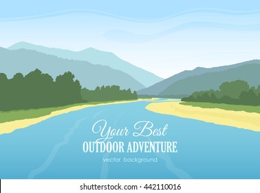 Vector illustration: Mountains landscape with river, forest and sky