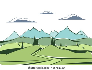 Vector illustration: Mountains landscape  with road, pines and hills. Line design
