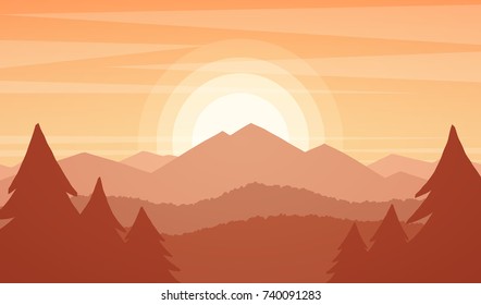 Vector illustration: Mountains landscape with sunset,  pines and hills.