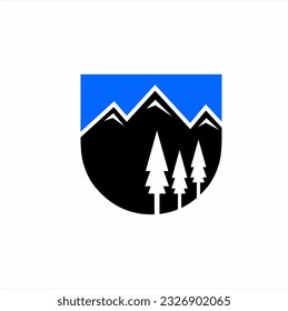Vector illustration. Mountains logo design with fir tree silhouette.