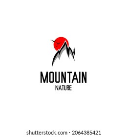 vector illustration of mountains logo, red sun