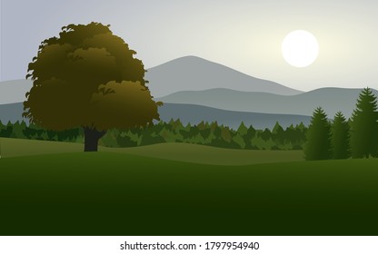 Vector illustration of mountains and meadow with sunrise