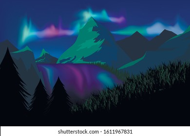 Vector illustration: mountains, mountain lake and northern lights at night.
