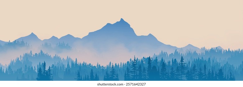 Vector illustration of mountains, mountain peak and forest in the morning fog, panoramic view