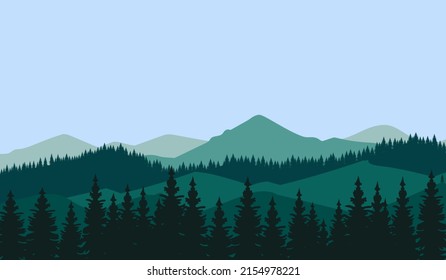 Vector illustration mountains. Mysterious landscape of forest, mountaings in fog