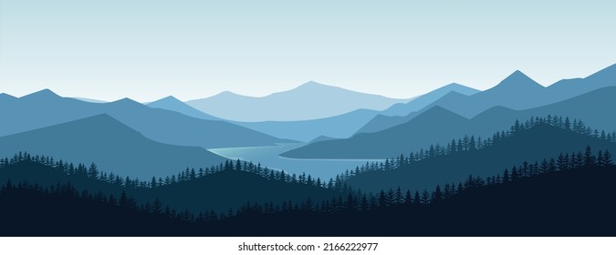 Vector illustration mountains. Mysterious landscape of forest, mountaings in fog