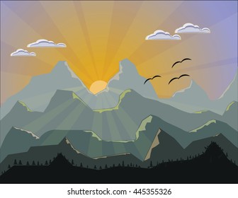 Vector Illustration Mountains Nature View. Sunrise in Mountains 