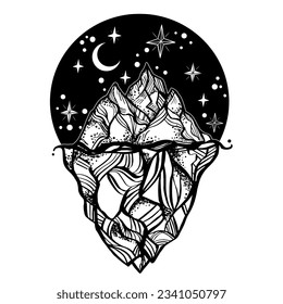 Vector illustration with mountains and night sky. Trendy black and white print design