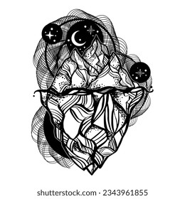 Vector illustration with mountains and night sky. Trendy black and white print design