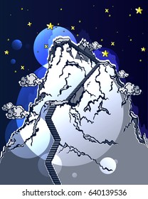 Vector illustration. The mountains, the night sky and the long road to the goal.