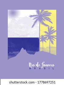 Vector illustration of mountains and palm trees silhouette.