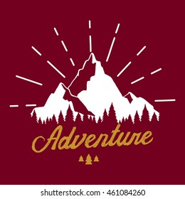 Vector illustration with mountains peaks end forest. Adventure. Motivational and inspirational typography poster with quote