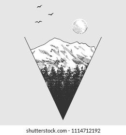 Vector illustration of a mountains peaks and pine forest cut in geometric triangle shape. Vintage hand drawn style. Scandinavian tattoo sketch.