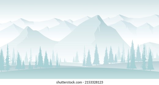 Ilustración vectorial de montañas y pinos en invierno.