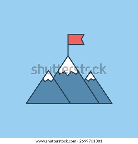 Vector illustration of mountains with a red flag planted on the snowy peak, symbolizing business success, achievement, ambition, challenge, and goals.