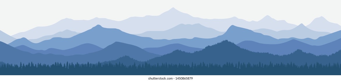 Vector illustration of mountains, ridge in the morning haze, panoramic view