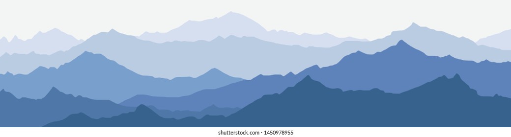 Vector illustration of mountains, ridge in the morning haze, panoramic view