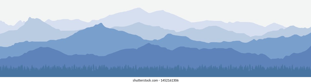 Vector illustration of mountains, ridge in the morning haze, panoramic view