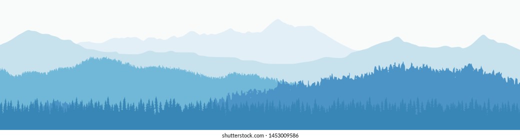 Vector illustration of mountains, ridge in the morning haze, panoramic view