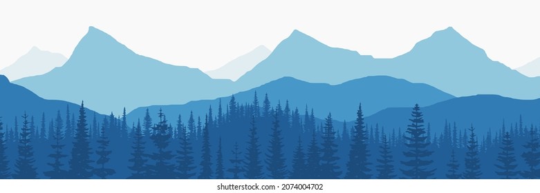 Vector illustration of mountains, ridge in the morning haze, panoramic view