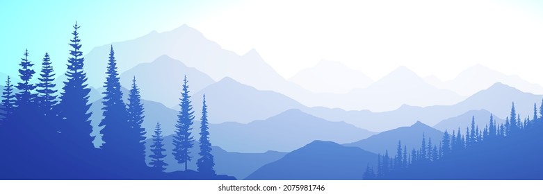 Vector illustration of mountains, ridge in the morning haze, panoramic view