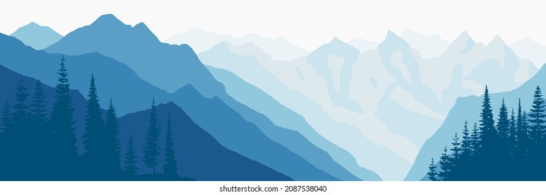 Vector illustration of mountains, ridge in the morning haze, panoramic view