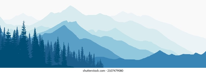 Vector illustration of mountains, ridge in the morning haze, panoramic view