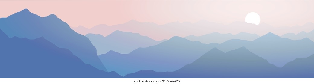 Vector illustration of mountains, ridge in the morning haze, panoramic view