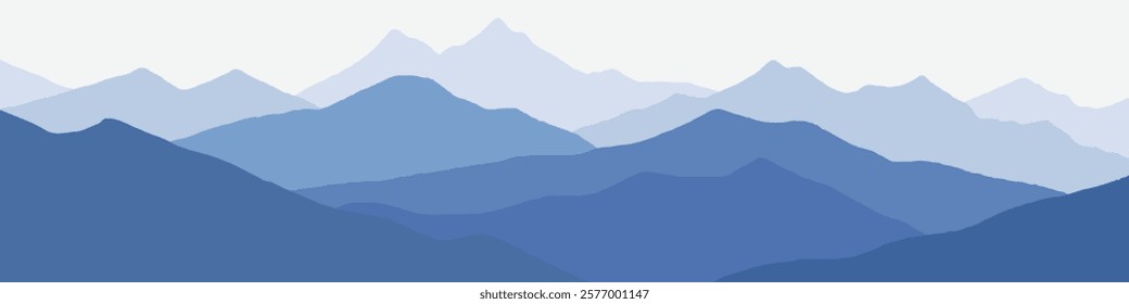 Vector illustration of mountains, ridge in the morning haze, panoramic view