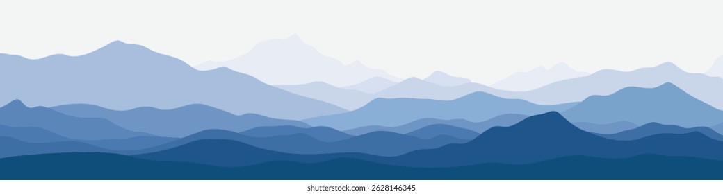 Ilustração vetorial de montanhas, cume na névoa da manhã, vista panorâmica