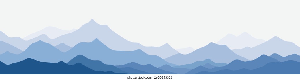Ilustração vetorial de montanhas, cume na névoa da manhã, vista panorâmica