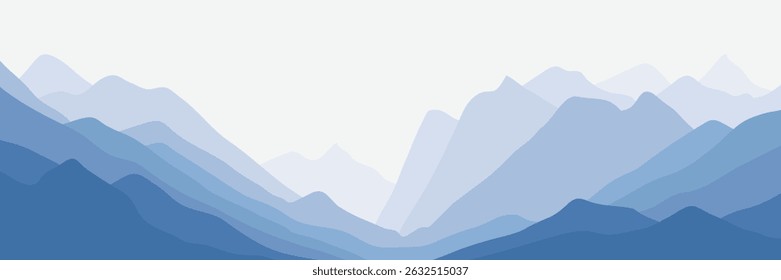 Ilustração vetorial de montanhas, cume na névoa da manhã, vista panorâmica
