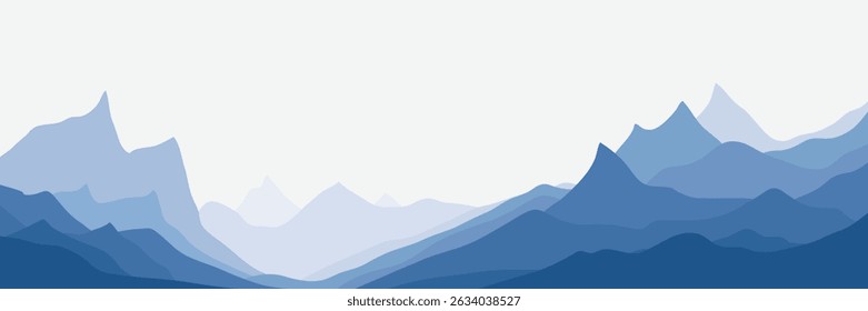 Ilustração vetorial de montanhas, cume na névoa da manhã, vista panorâmica