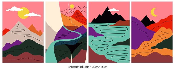 Vector illustration with mountains, rivers, abstract woman body with nature scene inside. Trendy print design collection, abstraction art set