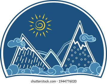 
ilustración vectorial de las montañas mar y sol sobre fondo azul