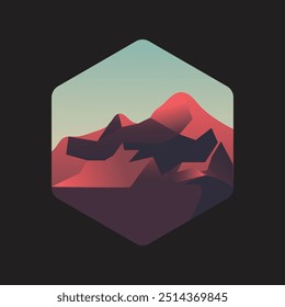 vector illustration of mountains, sea, sunset, silhouette, isolated in polygon frame