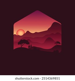 ilustração vetorial de montanhas, mar, pôr do sol, silhueta, isolado na moldura do polígono