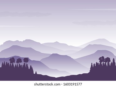 Vector illustration of mountains silhouette. Foggy mountains landscape vector. Mountains background with purple color 