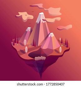 Vector illustration of mountains, sunset, fantasy, nature
