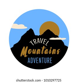 Vector illustration of mountains. Travel and adventures. Outdoor adventure logo. Round hiking vector insignia. Climbing, trekking, hiking, mountaineering