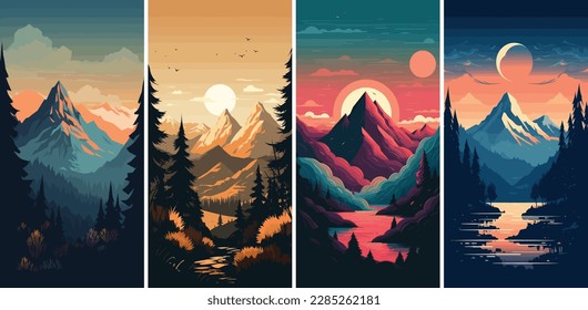 Ilustración vectorial con montañas y árboles.